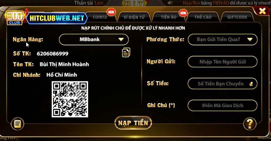 Form nạp tiền Hitclubweb thông qua phương thức ngân hàng